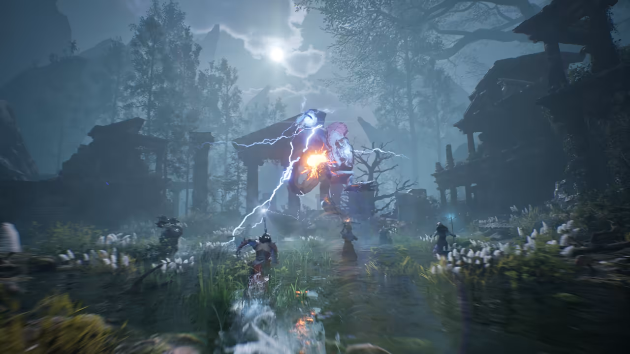 Night in a misty swamp under a bright moon. Four figures run through shallow water and white flowers toward a hulking armored creature at center with a glowing orange core, as jagged lightning bolts strike it. Ruined temple buildings with heavy tiled roofs stand on both sides, and tall trees and mountains loom behind. No game interface is shown.
