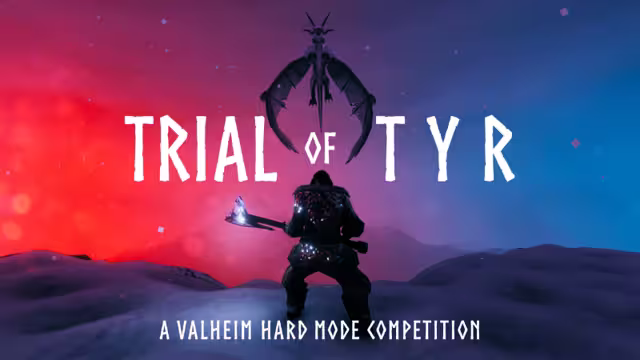 Banner reading 'Trial of Tyr – A Valheim Hard Mode Competition' over a red and purple sky, with an armored Viking holding an axe and a dragon silhouette above.