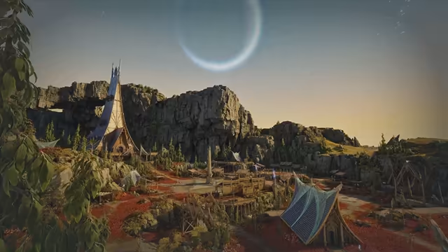 A settlement of wooden walkways, small tents and steep tent-like buildings with blue and white roofs spreads across red ground between rocky outcrops and green shrubs, under a pale sky with a large faint ring hanging in it.