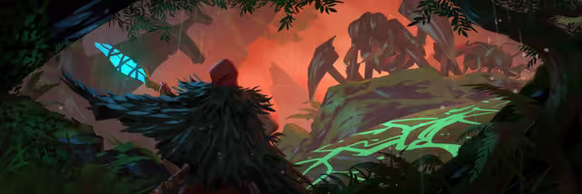 Painted artwork: a figure in a red hood and dark feathered cloak, seen from behind, holds up a glowing blue sword toward two large insect-like creatures standing on a rock under a red sky