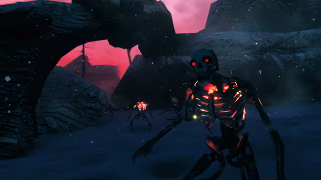 In-game screenshot: a hunched skeleton with glowing red eyes and embers in its ribcage crouches in the foreground under a rock arch, with two smaller glowing skeletons behind it on dark ash beneath a pink sky