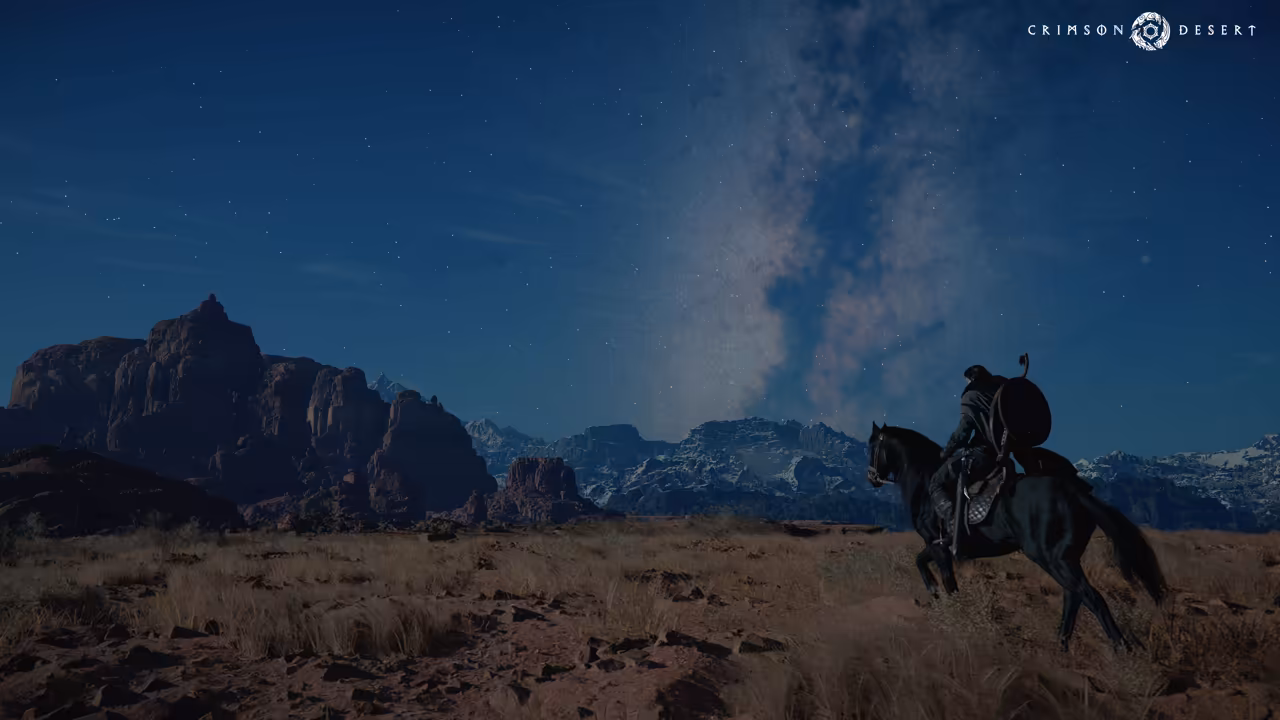 A night scene: a man on a black horse stands on a plain of dry grass, a round shield on his back. Rocky mountains line the horizon, and the band of the Milky Way rises through a deep blue, starry sky.