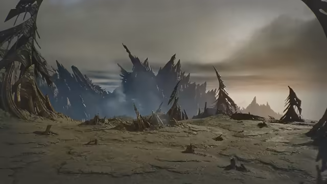 A flat, cracked gray plain strewn with small stumps leads to clusters of sharp, black, spiky shapes and smoke rising in the distance, framed by curving dark spines in the foreground under an overcast sky.