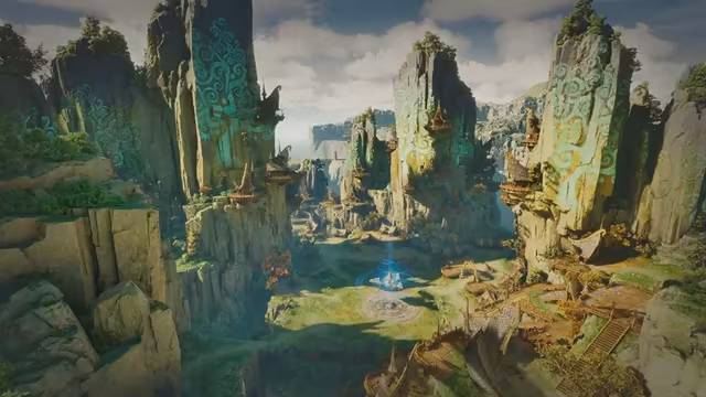Seen from above, a sunny valley holds a village of small wooden houses, bridges and stairways built against huge pale rock pillars covered in moss and glowing green spiral carvings, with a circle of blue light on a lawn in the middle.