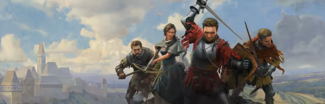 Painted artwork of four medieval fighters charging toward the viewer under a cloudy blue sky: in the middle a man in a steel breastplate and ragged red cloth lifts a sword over his head, a shield on his arm; to the left a woman in a gray hood with a crossbow and a man in mail with a mace; to the right a blond man in orange with a sword. A town of gray towers stands on a hill at the far left.
