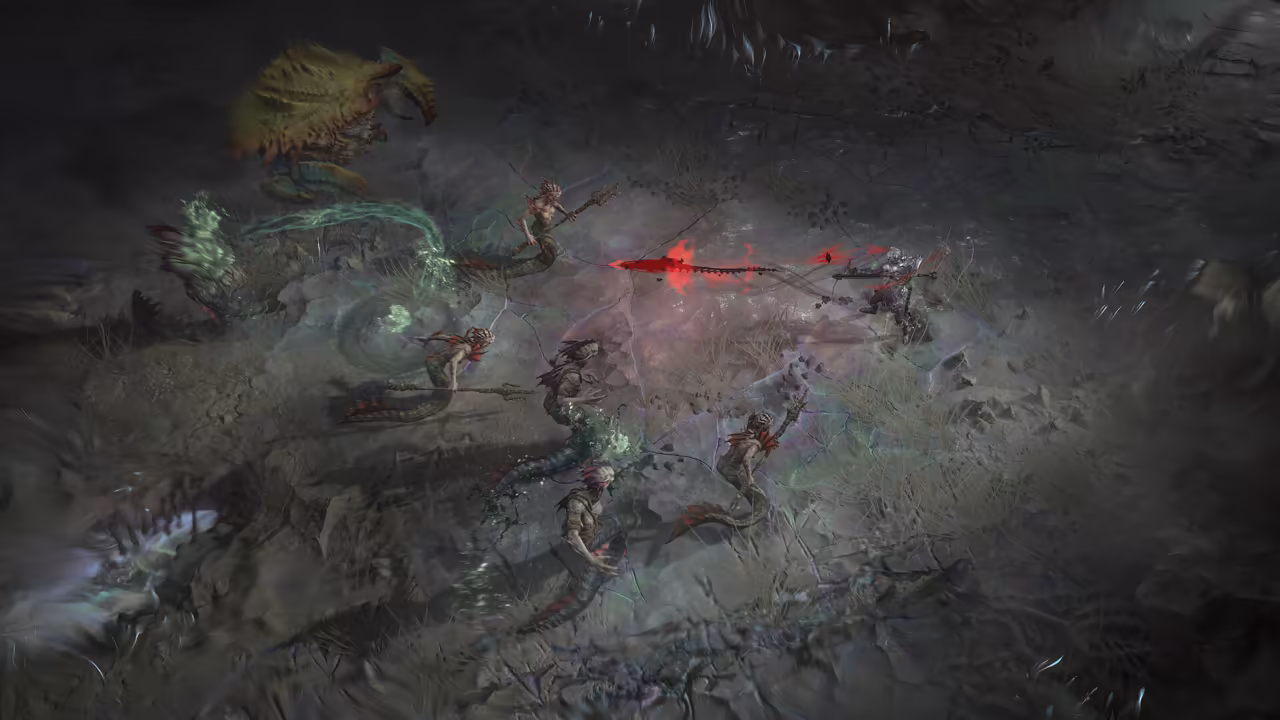 Top-down night scene: several women with snake tails instead of legs wield tridents and cast green swirls; a large clawed crustacean looms at top left; at right a horned figure in dark armor shoots a red streak toward them.