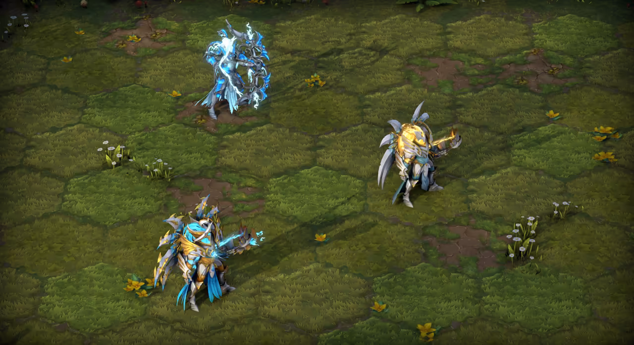 A green battlefield of soft grass hexagons with yellow and white flowers. Three figures in spiked, plated armor stand apart: one at the top glowing with blue lightning, one at the right in gold and white, and one at the bottom left in gold and teal with sparks at its hand.