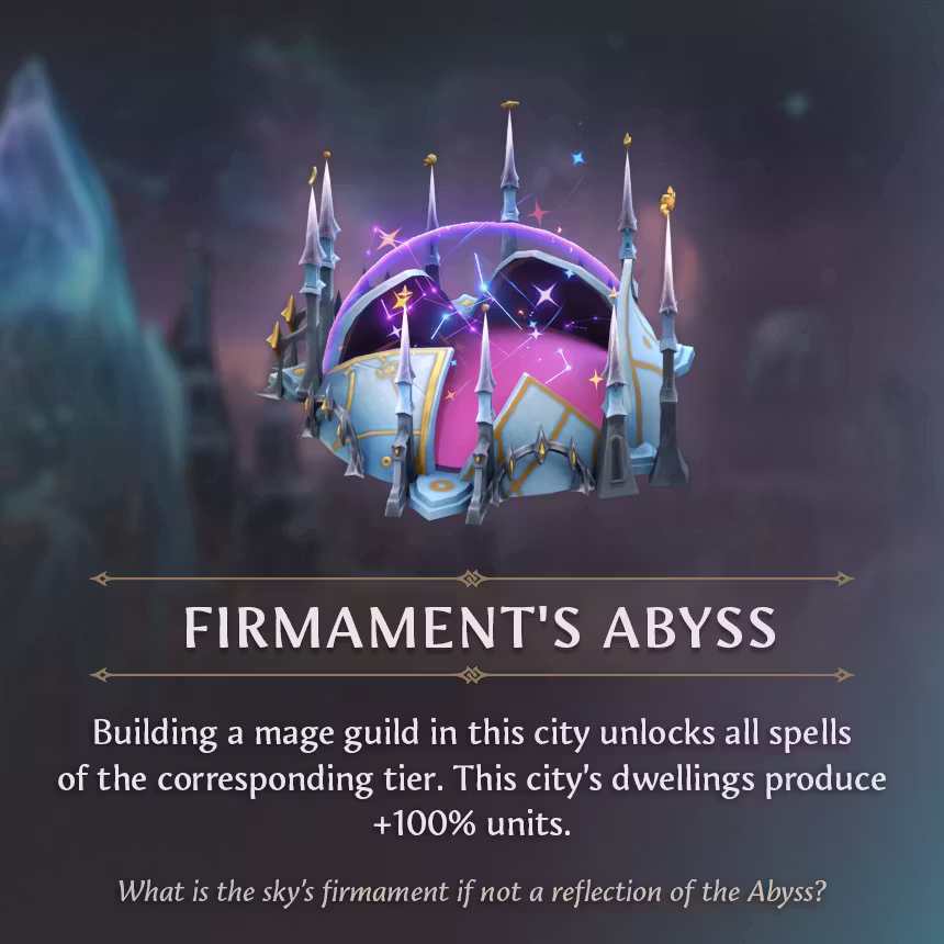 A square card on a dark violet, misty background. A cracked pale blue dome reveals a glowing pink and purple starfield inside, ringed by tall silver spikes tipped with gold. Below, the name Firmament's Abyss sits between gold lines above white effect text and a line of italic lore.