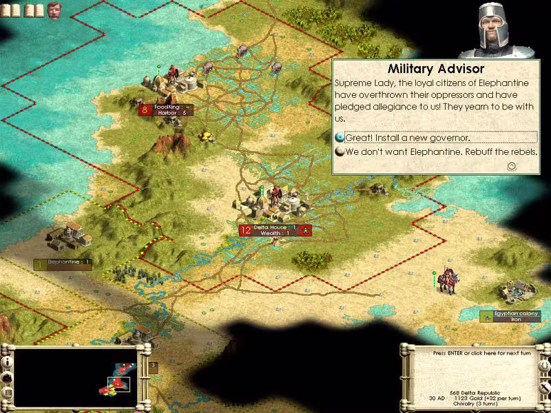 Isometric map of a coast with a helmeted advisor's portrait and a parchment box headed Military Advisor: the citizens of Elephantine have overthrown their oppressors and pledged allegiance to us, with two choices, install a new governor or rebuff the rebels.