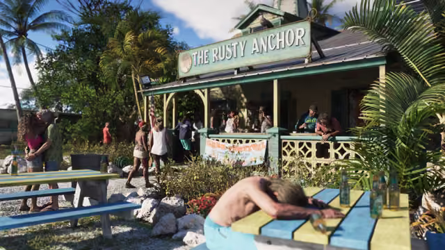 A green clapboard bar with a sign reading The Rusty Anchor and a Crab Festival banner, among palms; people drink on the porch and in the yard, a couple kisses by a picnic table, and a shirtless man lies slumped over a painted table among beer bottles.