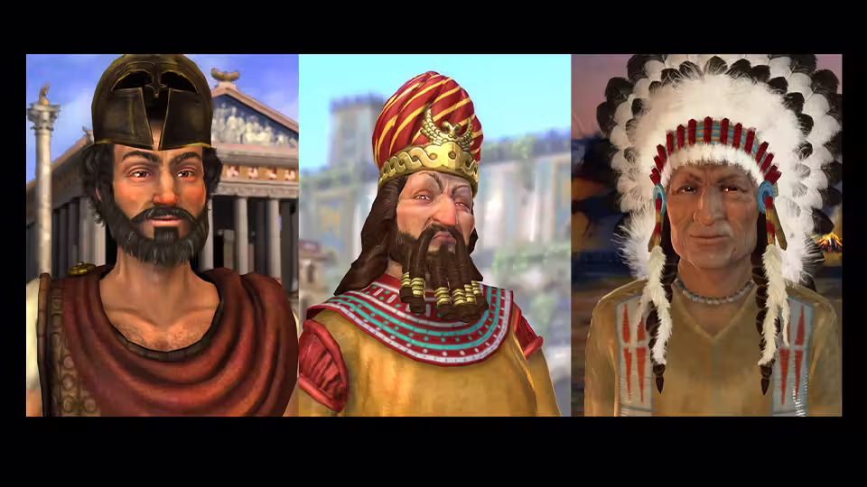 Three side-by-side character portraits: at left a dark-bearded man in a bronze helmet and red cloak before columns, in the middle a man with a long beard in a gold and red crown, at right an older man in a white feathered war bonnet.