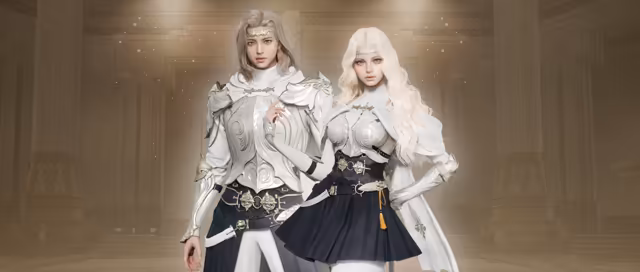 In a hazy golden hall with tall carved columns, a Daeva with shoulder-length silver hair and a Daeva with long wavy pale blonde hair stand side by side in matching white and silver plate armor with high collars, short white capes, silver circlets and dark belts with gold fittings, one over white trousers and a long navy panel, the other over a pleated navy skirt.
