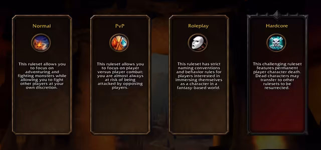 Four tall dark cards stand side by side. Normal, with a campfire emblem, lets players adventure and fight monsters while fighting other players at their own discretion. PvP, with crossed red and blue banners, focuses on player versus player combat, with players almost always at risk of attack. Roleplay, with a white mask, has strict naming conventions and behavior rules. Hardcore, a dark red card with a spiked frame and a skull emblem, features permanent character death, and dead characters may transfer to other rulesets to be resurrected.