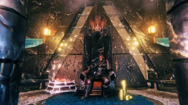 Interior of a dark stone hall with triangular marble panels and two lit hanging lanterns: a red-haired Viking in black armor lounges on a wide stone throne on a blue carpet, a chest of red gems open to the left and three stacks of gold coins piled to the right