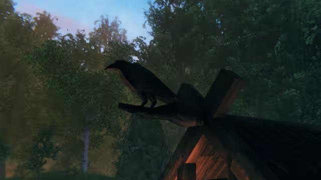 A black raven perched on a wooden beam against a misty gray sky.