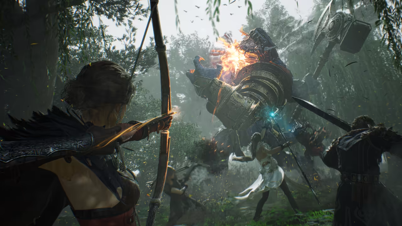 A dense forest with drooping willow branches. At left a woman with dark hair in a feathered cloak draws a wooden bow, a glowing arrow nocked. At center a woman in a white dress swings a staff with a glowing blue tip, a large man in a dark coat stands at right, and another fighter crouches behind. Before them towers a giant in heavy carved armor raising a massive war hammer, an explosion of orange fire at its head. No game interface is shown.