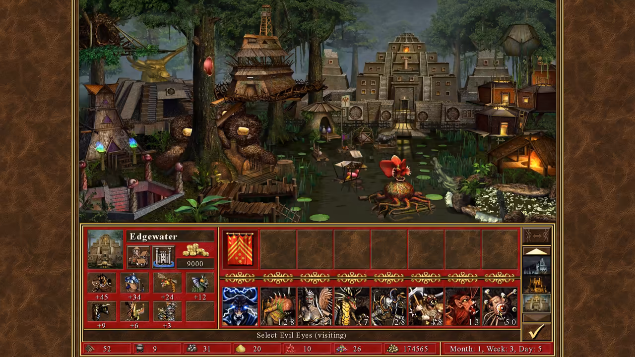 A town drawn in a dark green swamp forest. Thatched and wooden huts on stilts, a pyramid-like temple with steps, a golden bull statue and glowing crystals stand around black water with lily pads and a large red flower. Below is a red panel titled Edgewater with creature portraits, a gold amount of 9000 and a row of eight creature portraits for a visiting hero.