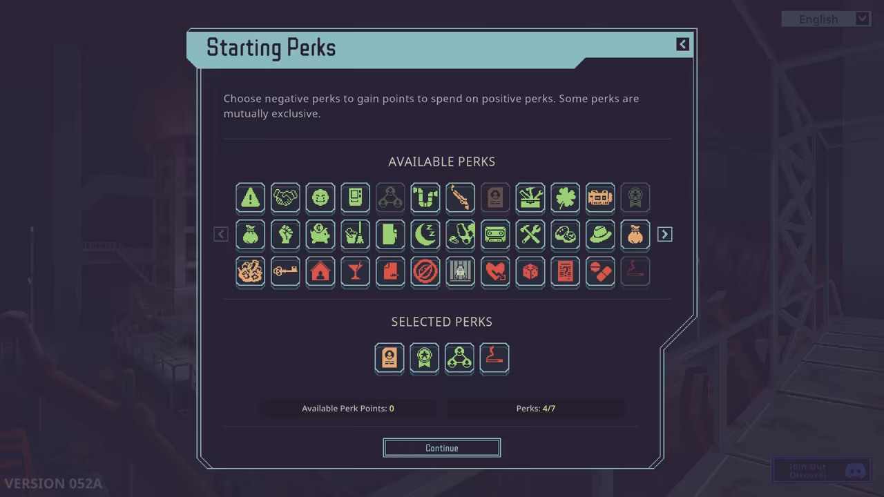 A dark menu reading Choose negative perks to gain points to spend on positive perks, with three rows of icons.