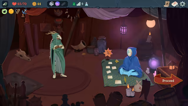 A green-cloaked figure with a horned animal skull for a face stands with folded arms in a dim red tent hung with lanterns, jars and an animal skull. Opposite, a figure in a blue hood with a pale mask sits cross-legged on a green rug with cards laid out, a star-shaped sign with a percent symbol and a coin purse nearby. A red arrow reads Proceed.