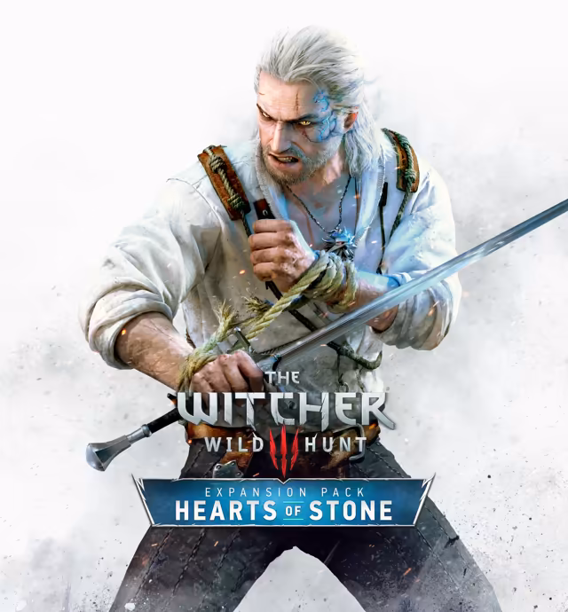 Official artwork on a white, smoky background: a white-haired man with a snarl, glowing yellow eyes and blue veined marks on one cheek, in a loose white shirt with leather straps, holds a long sword across his body, rope wound around his hands. The logo The Witcher Wild Hunt Expansion Pack Hearts of Stone covers the lower half.