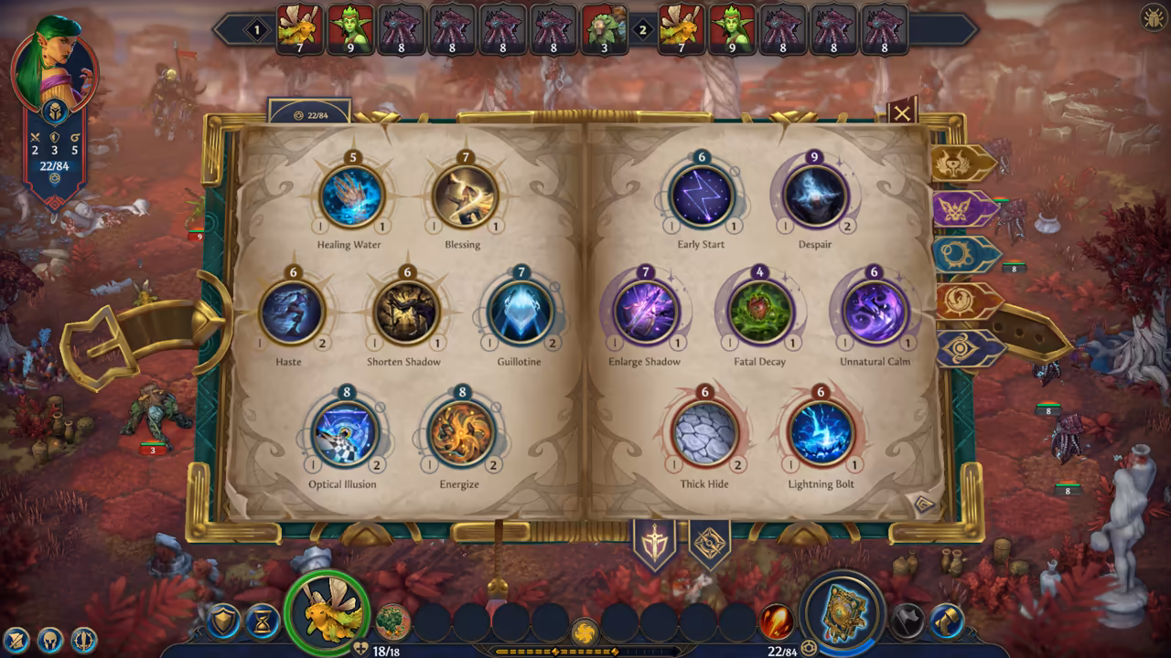 A large open book with parchment pages fills the center of a crimson battlefield. Each page holds round spell icons with names and a mana cost on top, and colored tabs for the magic schools stick out on the right edge. A green-haired hero portrait sits at the top left and the turn order runs across the top.