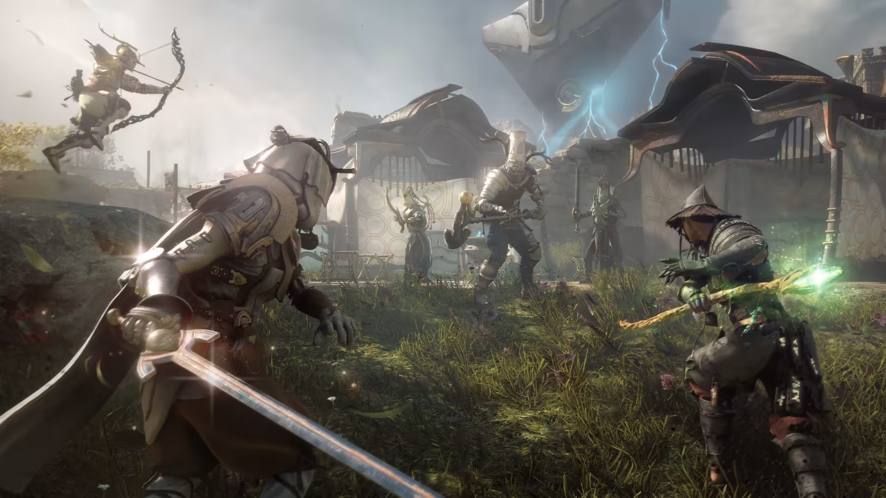 Bright daylight over a grassy courtyard. In the foreground, seen from behind, a fighter in a pale hood and plate armor grips a long sword with an ornate guard. At top left a hooded archer leaps high, bow drawn. At right a figure in a wide brimmed hood swings a twisted wooden staff whose tip glows green. Ahead, a heavily armored warrior in a tall helmet swings a large weapon, flanked by two slimmer armored figures, in front of stone buildings hung with patterned cloth awnings. Above them a vast angular structure floats in the sky with lightning crackling beneath it. No game interface is shown.