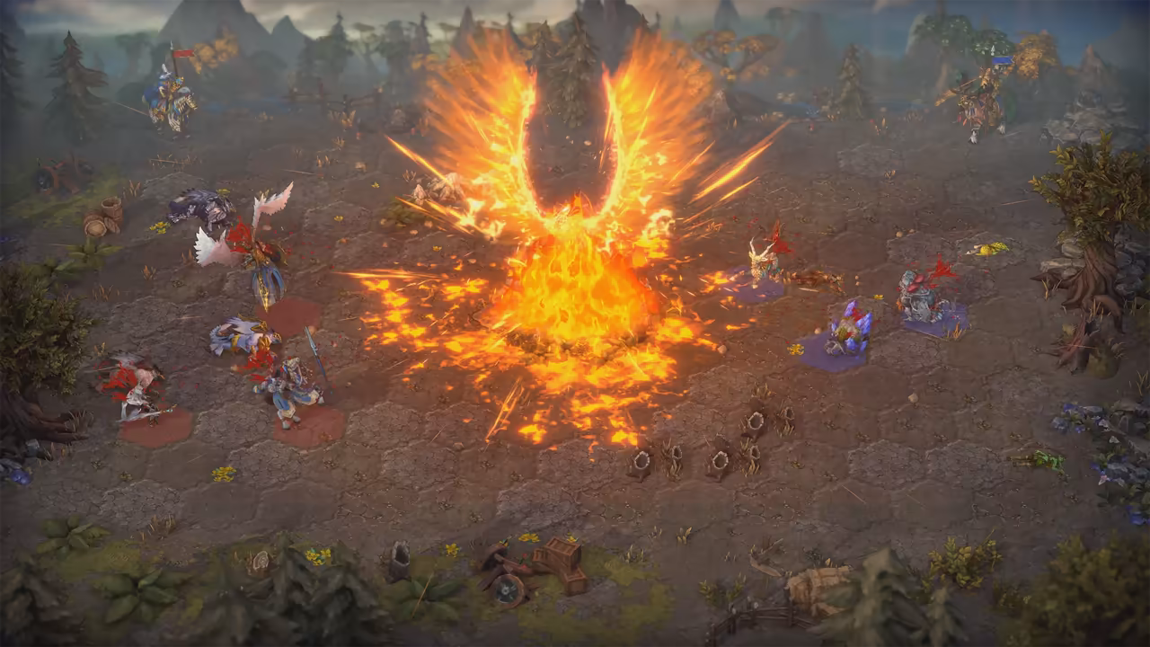 A wide battlefield of cracked gray earth. In the center a blazing orange and yellow explosion rises in the shape of a bird with spread wings, scattering embers across the ground. Winged warriors in white and red stand on the left, smaller creatures on purple hexes on the right, and a mounted hero waits in each top corner.