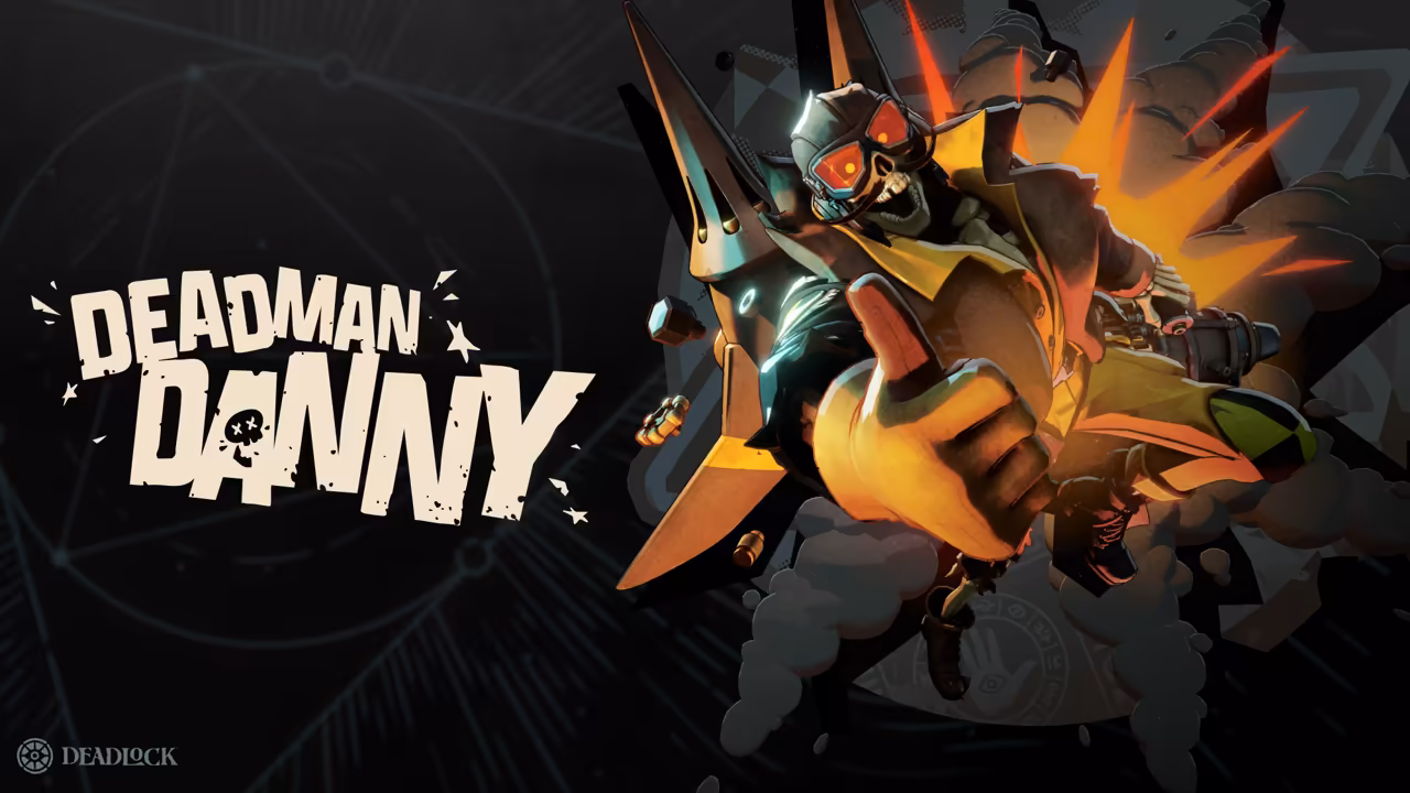 Painted grinning skeleton with a leather flying helmet and red goggles in a yellow jacket, giving a big thumbs up in front of an exploding rocket pack, beside the words Deadman Danny.