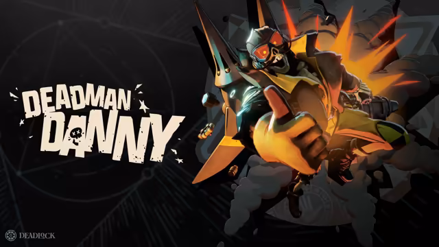 Painted grinning skeleton with a leather flying helmet and red goggles in a yellow jacket, giving a big thumbs up in front of an exploding rocket pack, beside the words Deadman Danny.