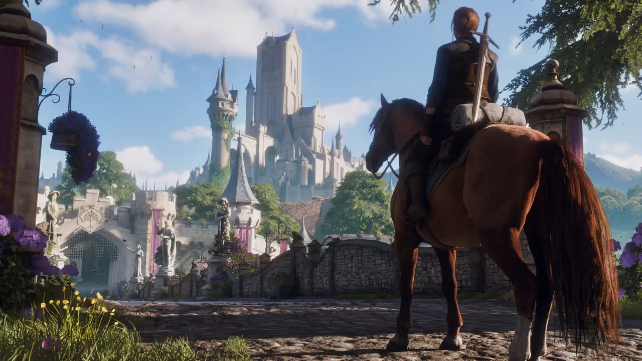 Bright daylight. At right a rider seen from behind sits on a chestnut horse, a long sword slung across the back and a rolled bedroll tied behind the saddle. Ahead, past a low stone wall and an arched gate decorated with statues and purple banners, a tall white castle of towers and spires rises over green trees. A hanging basket of purple flowers and a carved gatepost frame the left side, with yellow wildflowers in the foreground. No game interface is shown.
