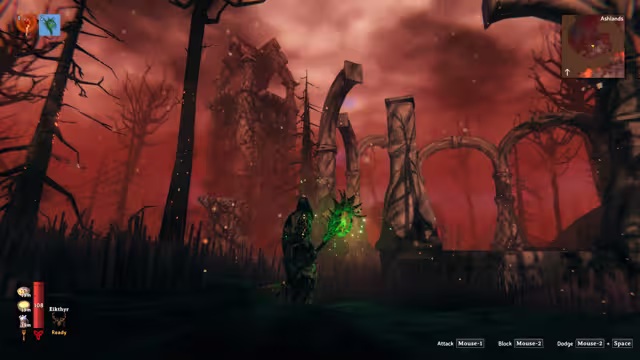 Screenshot of a hooded player holding a glowing green staff before crumbling stone arches and a ruined tower among dead trees under a red sky