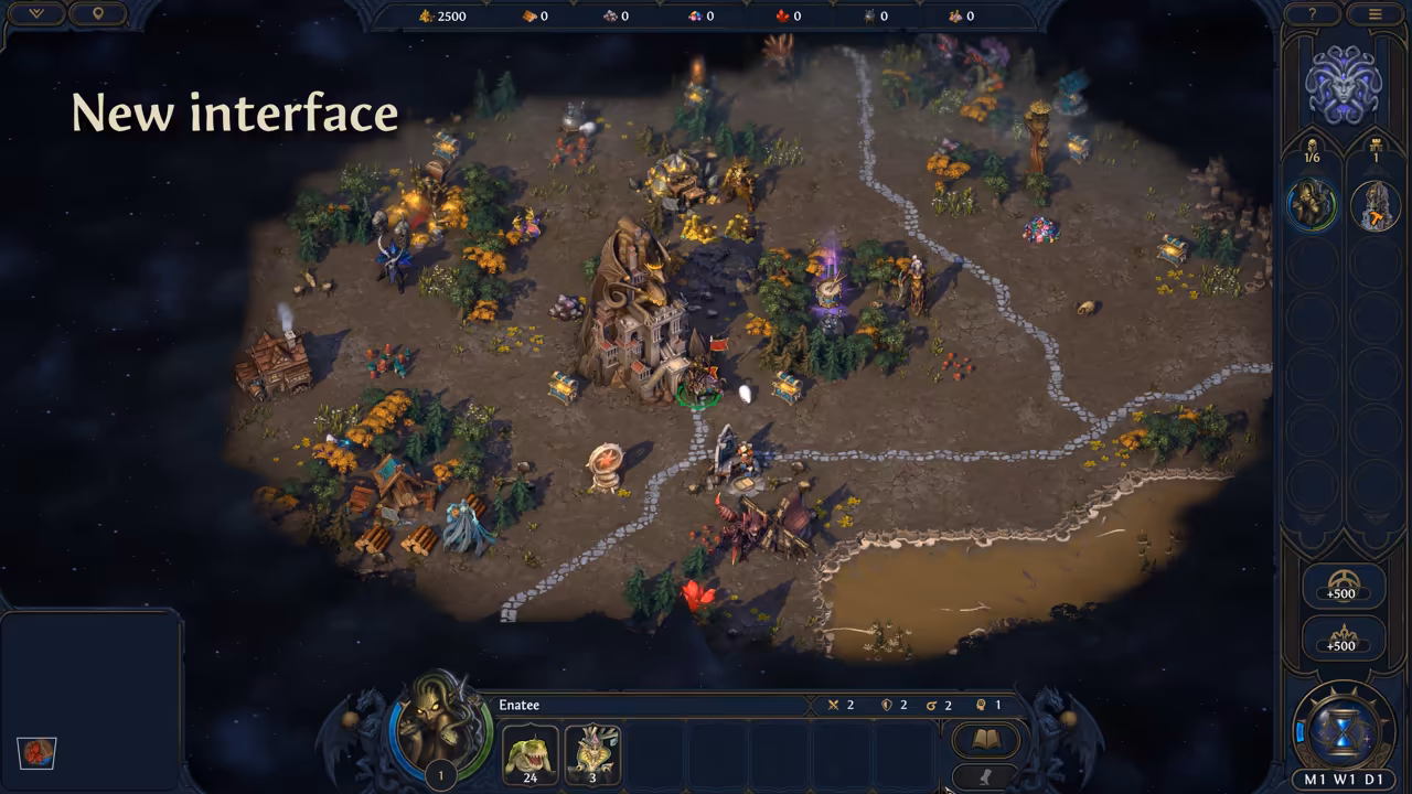 A patch of brown and green map lit against a dark starry edge, with gray roads, trees, a tall stone town and scattered treasure. The words New interface sit in large cream letters at the top left. The bottom bar shows a snake-haired hero portrait named Enatee with two creature stacks, and a gold and blue frame surrounds the view.
