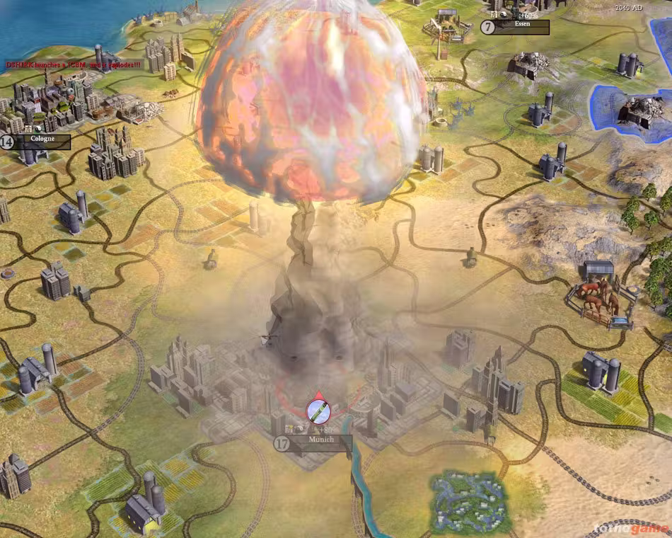 3D map of a city and countryside with a towering pink and gray mushroom cloud at the center and smoke over the streets below.