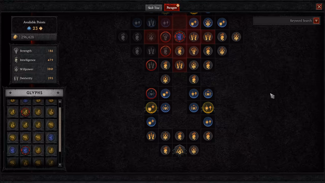 A dark game menu with Skill Tree and Paragon tabs. Rows of circular gold and blue icons form a cross-shaped board, some squares lit red; a panel at left lists four attributes with numbers and a scrolling grid of glyph icons.
