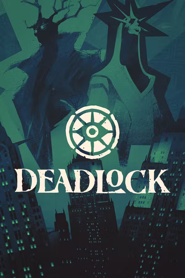 Portrait-format teal artwork with the cream Deadlock logo and its round eye emblem in the middle, an antlered silhouette and the Statue of Liberty towering behind, and dark skyscrapers with lit windows at the bottom.