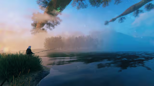 A hooded Viking sits in tall grass at the edge of a calm, misty lake, casting a long fishing line towards a line of trees on the far shore, with the world-tree's branches overhead.