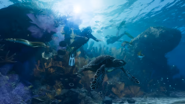 Underwater, a sea turtle glides past purple fan coral and sponges while scuba divers in fins swim above a rocky reef, with an eel and schools of fish in shafts of sunlight.