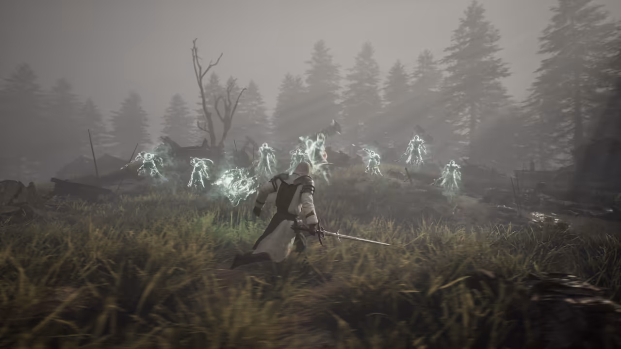 A foggy meadow ringed by tall pines. In the center foreground a figure in a white hooded robe with dark straps runs forward through long grass, a long sword in his right hand trailing behind. Ahead, about ten pale green, glowing, translucent humanoid figures with raised arms come over a low rise among broken wooden debris and a dead tree. No game interface is shown.