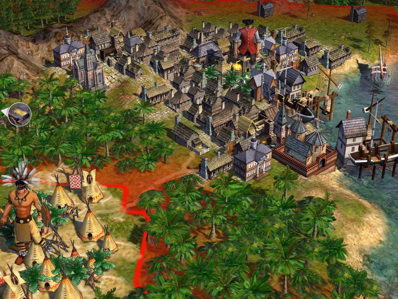 3D view of a crowded colonial town with gray roofs, a steepled church, docks and a sailing ship, inside a red border; palm jungle surrounds it and tepees with a feathered warrior stand at lower left.