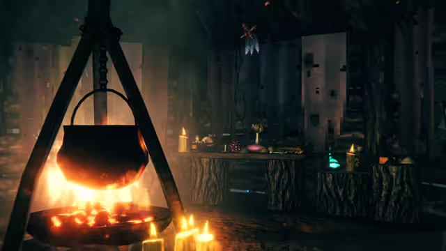 A black iron cauldron hangs from a tripod over glowing coals inside a dark wooden hut, with candles and glass potion bottles on a tree-stump table behind it