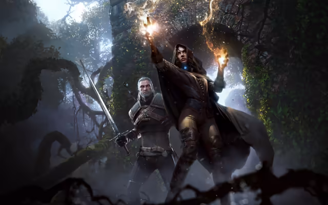 Official artwork in a misty forest: a dark-haired woman in a hooded black coat and leather boots lifts both arms with flames and sparks curling from her hands, a blue gem glowing at her throat. Beside her a white-haired man in armor holds a long sword, and twisted roots and a mossy stone arch frame them.