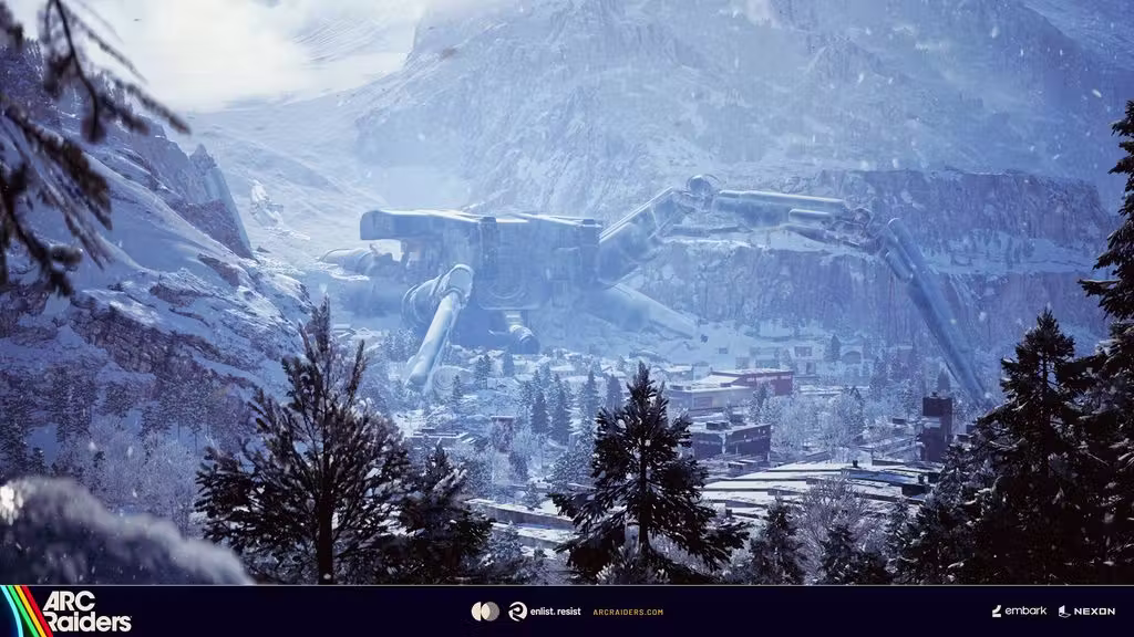 Blue-white winter valley framed by dark pines, rooftops at the bottom and a long wrecked machine lying on the slope.
