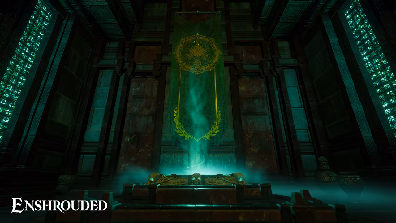 Symmetrical view of a tall, dark stone hall. Glowing green panels line pillars on both sides, a long green banner with a gold sun emblem and laurel hangs in the center, and a beam of green mist rises from a carved stone altar in the foreground. The Enshrouded logo is at bottom right.
