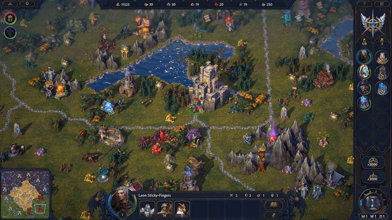 A green map with gray stone roads, pine forests and gray mountains. In the center a gray stone castle stands beside a blue lake, a hero at its gate. Towers, an arena, glowing shrines, a red crystal mine and treasure chests are scattered around. The bottom bar shows Leon Sticky-Fingers with three creature stacks.