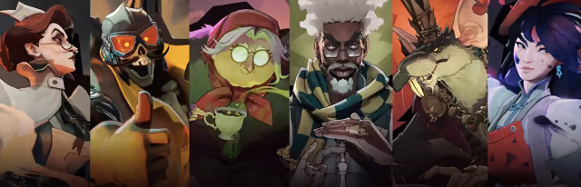 Six painted portraits in a row: a woman in a white nurse's cap, a grinning skeleton in a flying helmet and goggles giving a thumbs up, an old woman in round glasses holding a teacup, a bearded man in a striped scarf with a chess piece, a rat in a crown of junk, and a dark-haired young woman in a red apron.