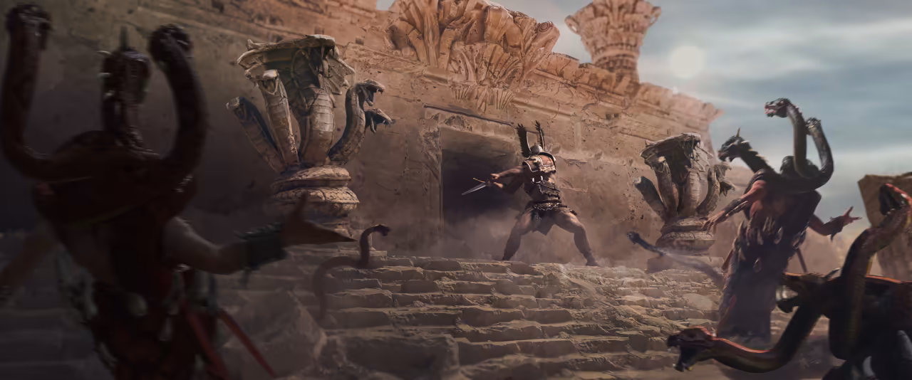 A sunlit desert temple with stepped stone stairs and pillars carved as rearing cobras. A lone warrior in light armor stands on the steps with a spear while robed figures wrapped in red snakes close in from both sides.