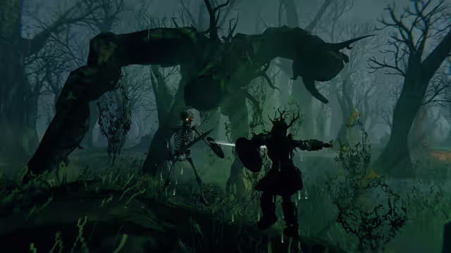 A horned Viking with sword and shield faces a glowing-eyed skeleton in a dark green swamp while a huge tree-like Abomination looms over both.