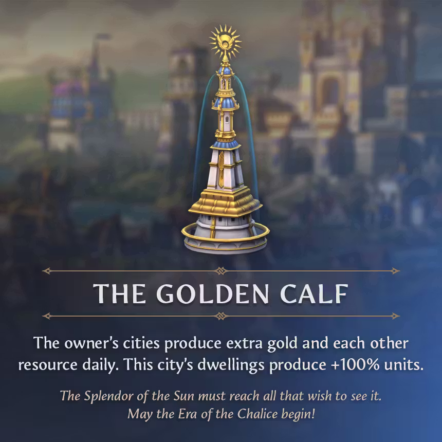 A square card on a blurred blue background of a bright castle. A tall white and gold tower with blue roofs and a golden sun on top stands inside a pale fountain of water. Below, the name The Golden Calf sits between gold lines above white effect text and a line of italic lore.