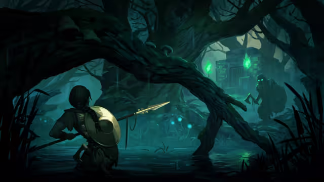 Painted scene of a dark swamp: a crouching Viking with a spear and round shield in the foreground, a glowing-eyed Draugr with axe and shield beside a stone crypt entrance lit by green flames.