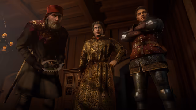 Three men in a dark timbered room: on the left an old bearded man in a red cap and dark coat holds a toothed metal wheel, in the middle a man in a long golden patterned robe with hands on hips, on the right a young man in a red jacket and plate armor with arms crossed.